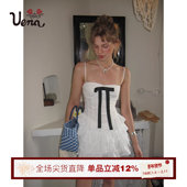 Uena赵美延同款 塞纳河落日 白色蝴蝶结蕾丝A字蓬蓬吊带连衣裙