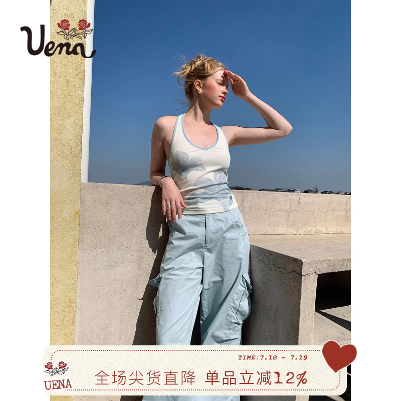 Uena花朵印花挂脖背心吊带