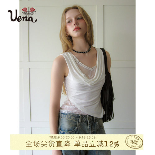 Uena白色蕾丝拼接荡领无袖T恤