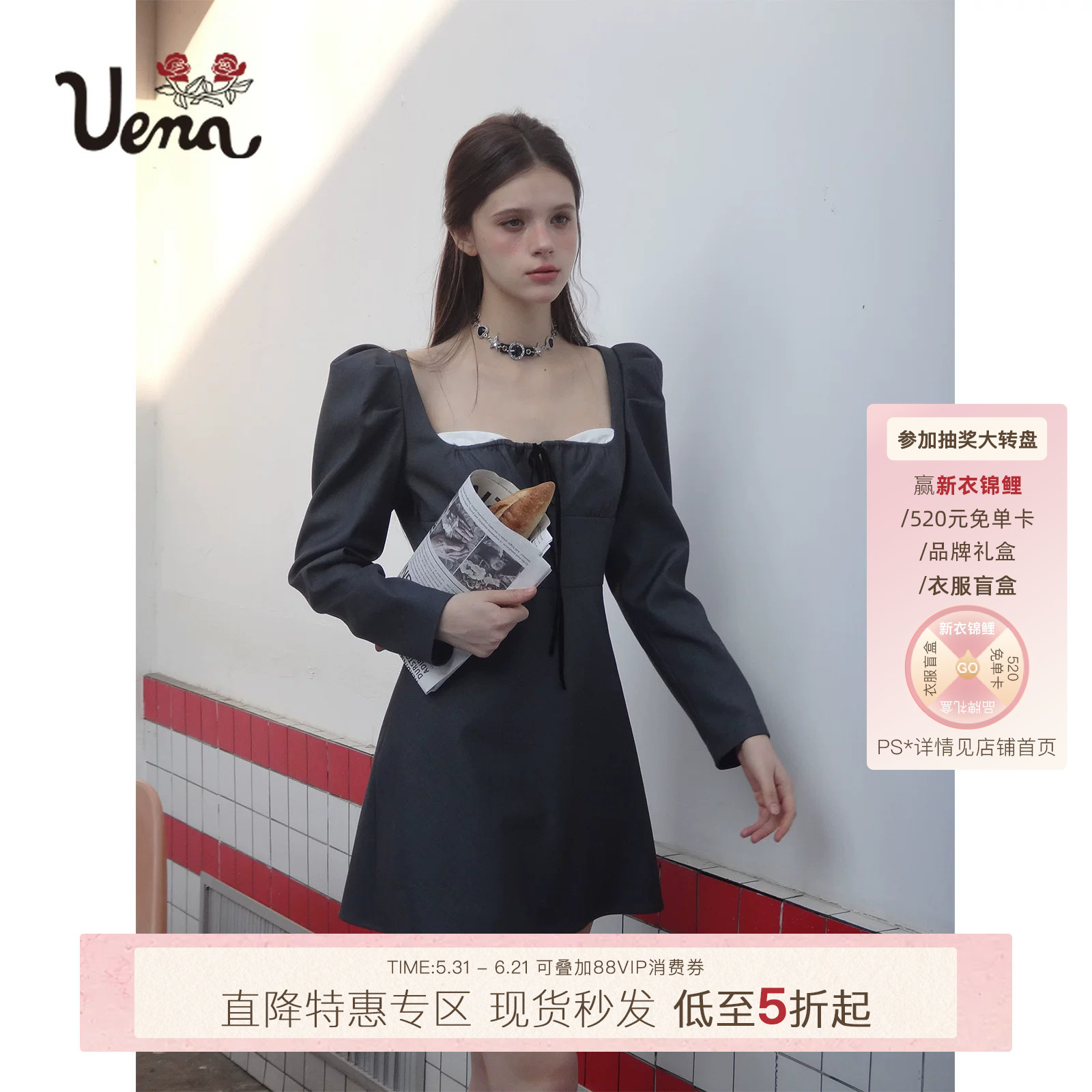 【廊桥遗梦】Uena美式复古灰色双层方领胸前抽绳泡泡袖长袖连衣裙 - 实物图