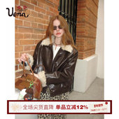 Uena美式 漫野听风 复古棕色环保翻毛领PU皮衣棉服宽松加厚外套