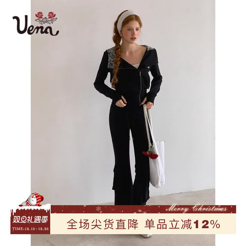 Uena黑色蕾丝花边卫衣微喇裤套装