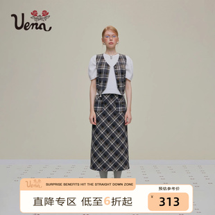 Uena美式 復古學院風灰棕色格紋中長款 A字半身裙女 伯明翰千金