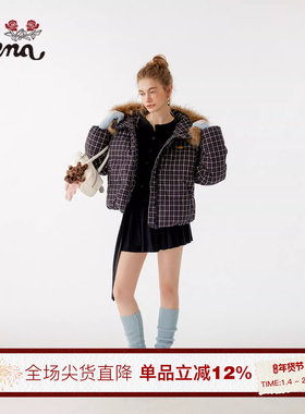【诺丁山梦游】Uena蓝色格纹可拆卸貉子毛领连帽宽松棉服加厚外套