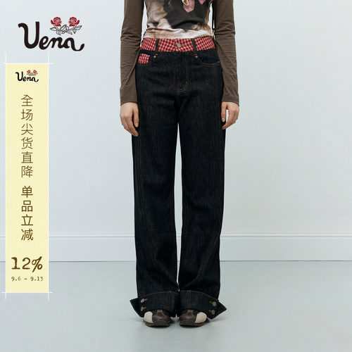 Uena格纹翻边休闲直筒原色牛仔裤