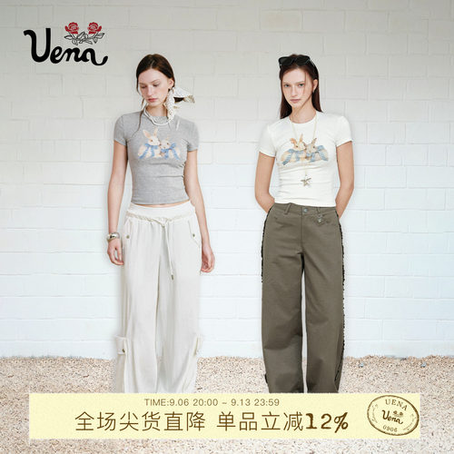 Uena蝴蝶结兔子印花圆领短袖T恤