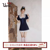 Uena藏青色条纹蕾丝花边方领泡泡袖 鲸落星野 A字收腰连衣裙女