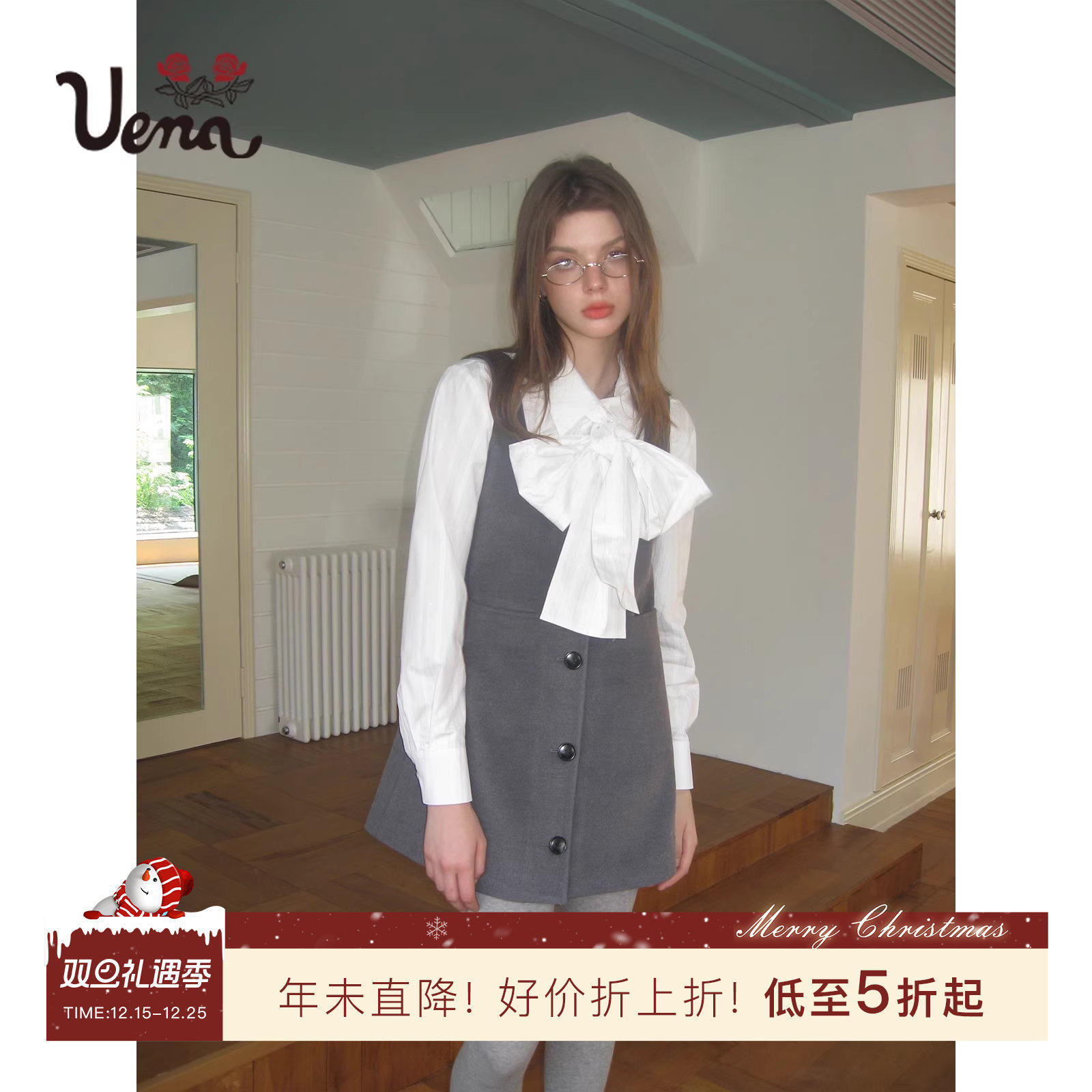 Uena后背蝴蝶结A字吊带连衣裙