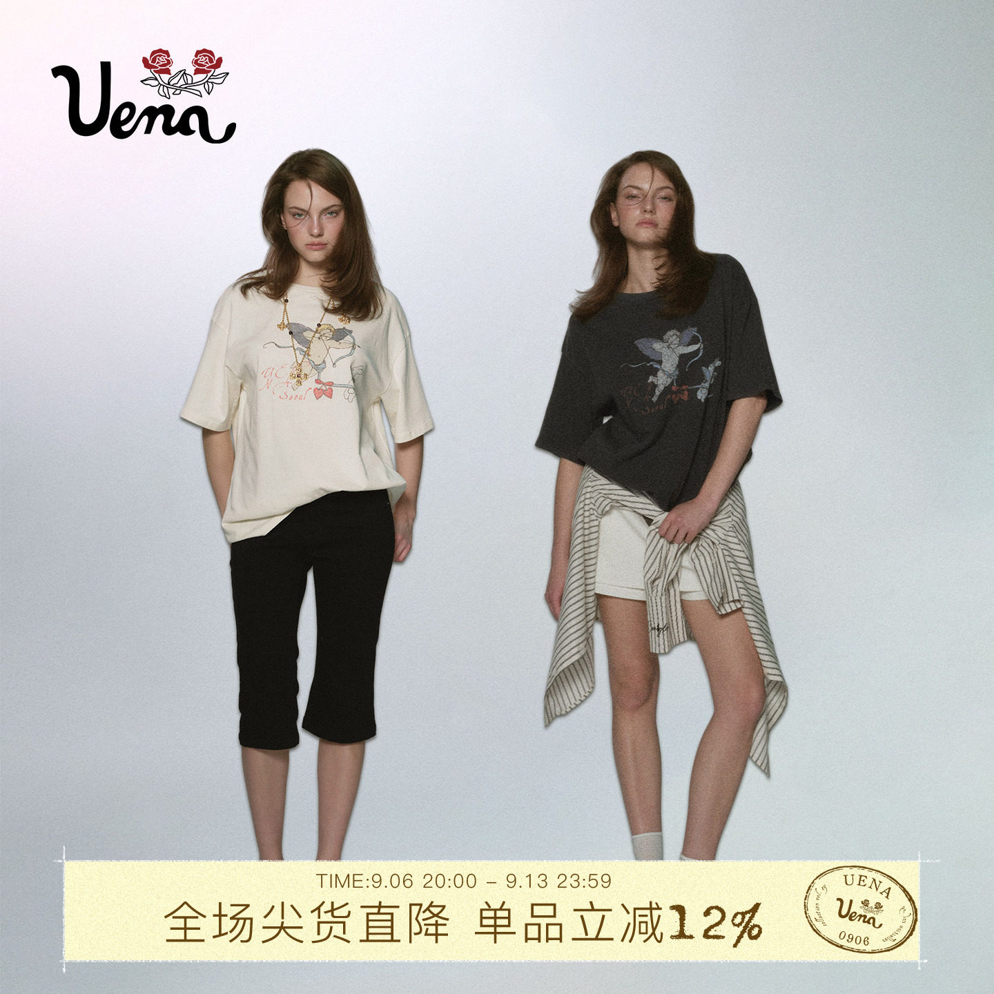 Uena做旧天使兔印花短袖T恤图片