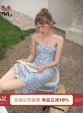 【盛夏信笺】Uena美式复古格纹网纱吊带背心腰部抽褶半身长裙套装