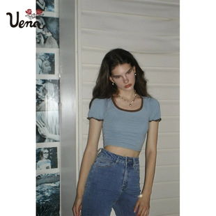 方领短袖 t恤女 小樽情书 短款 上衣夏季 Uena美式 复古辣妹泡泡袖