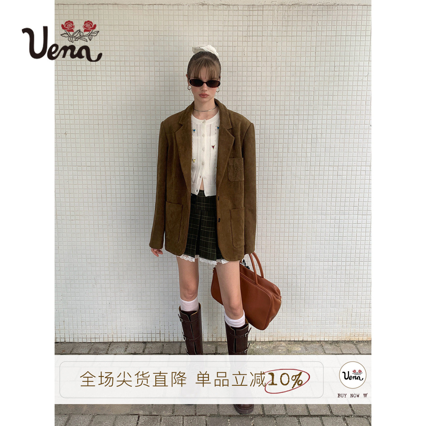 【松栗奶芙】Uena美式复古卡其色仿麂皮绒贴布绣多口袋西装外套图片