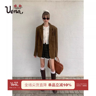 复古卡其色仿麂皮绒贴布绣多口袋西装 Uena美式 外套 松栗奶芙