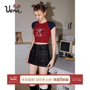 波尔多红酒 短袖 Uena美式 T恤短款 上衣 复古蝴蝶结印花插肩包袖