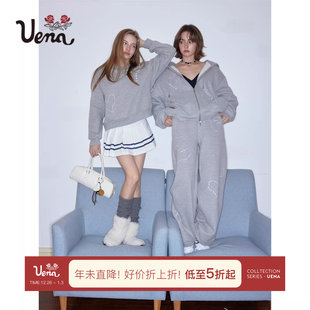 休闲卫裤 爱心刺绣连帽加绒卫衣帽衫 Uena明星同款 套装 糯糯布蕾