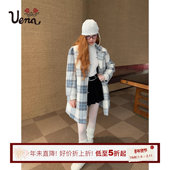 正肩大衣 复古蓝白色格纹毛呢外套中长款 风信子罗曼史 Uena美式