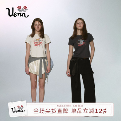 【丘比特乐园】Uena首尔特别款做旧字母印花修身显瘦圆领短袖T恤