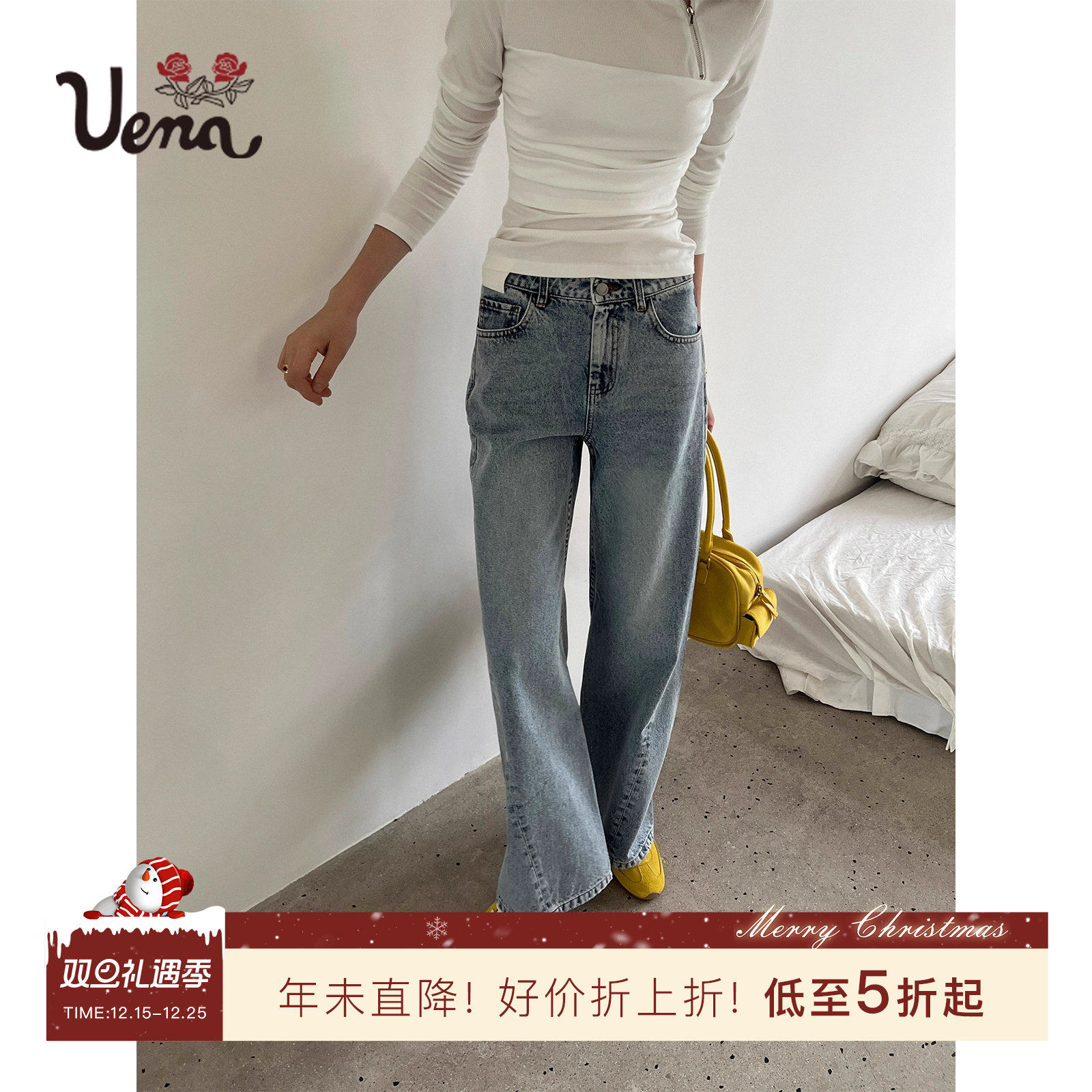 Uena水洗做旧蕾丝花边牛仔裤