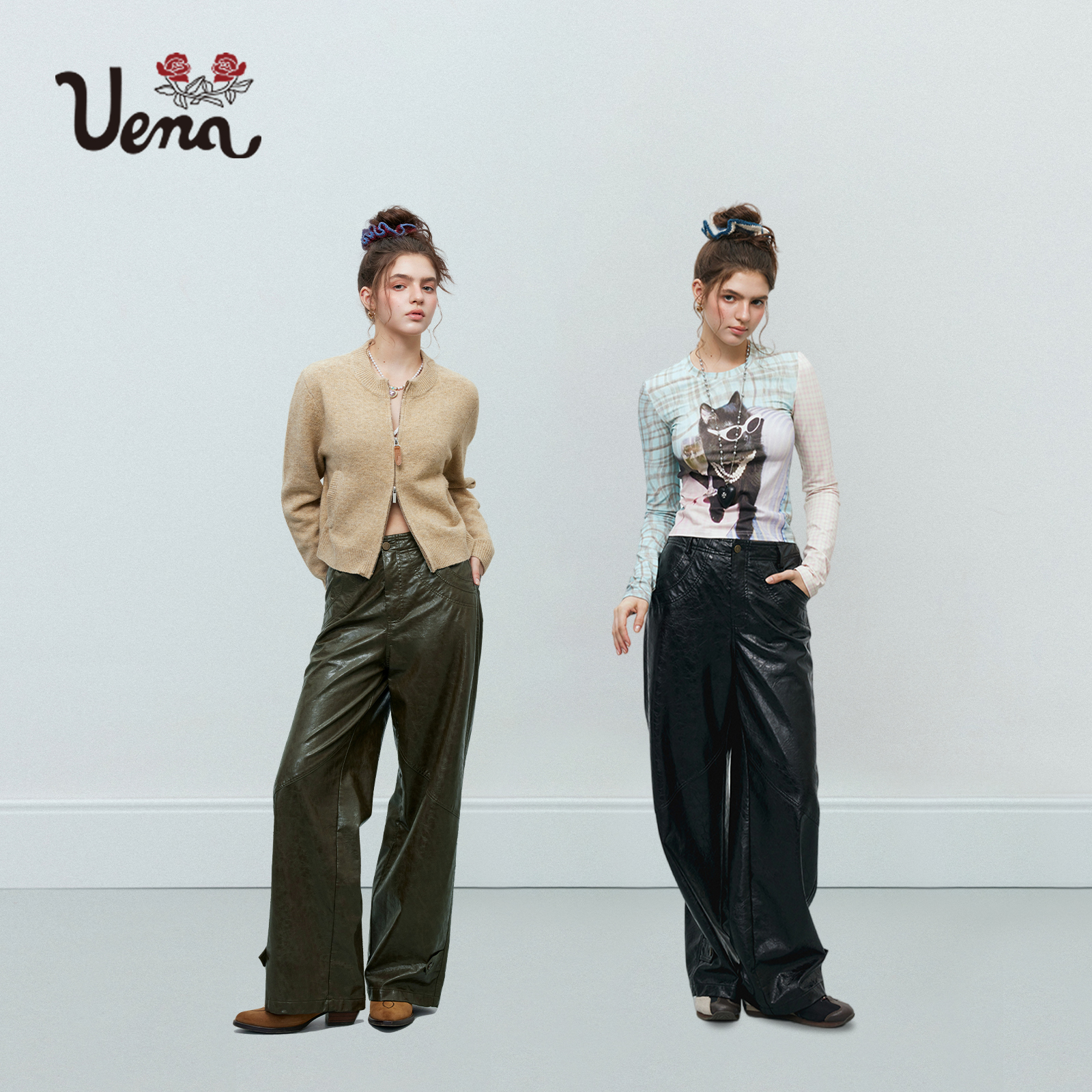 Uena中腰显瘦宽松PU皮裤