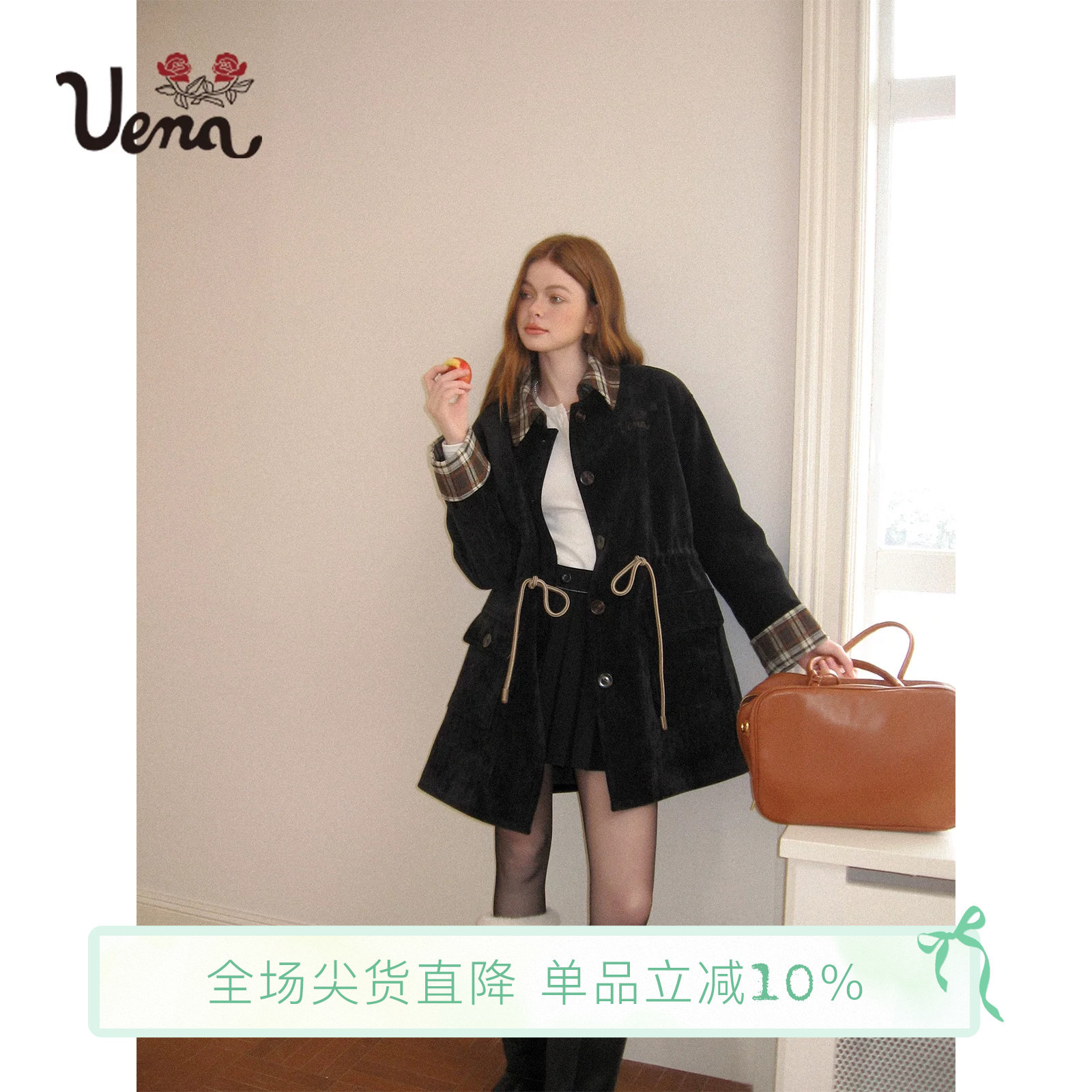 【山山而川】Uena黑色灯芯绒拼接格纹腰部抽绳中长款棉服外套女