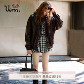 PU皮衣长款 Uena棕色落肩袖 宽松外套附可拆卸帽子女 生巧砂镜