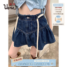 【墨西哥盛夏】Uena水洗做旧绑带松紧腰抽褶分割A字牛仔半身裙女