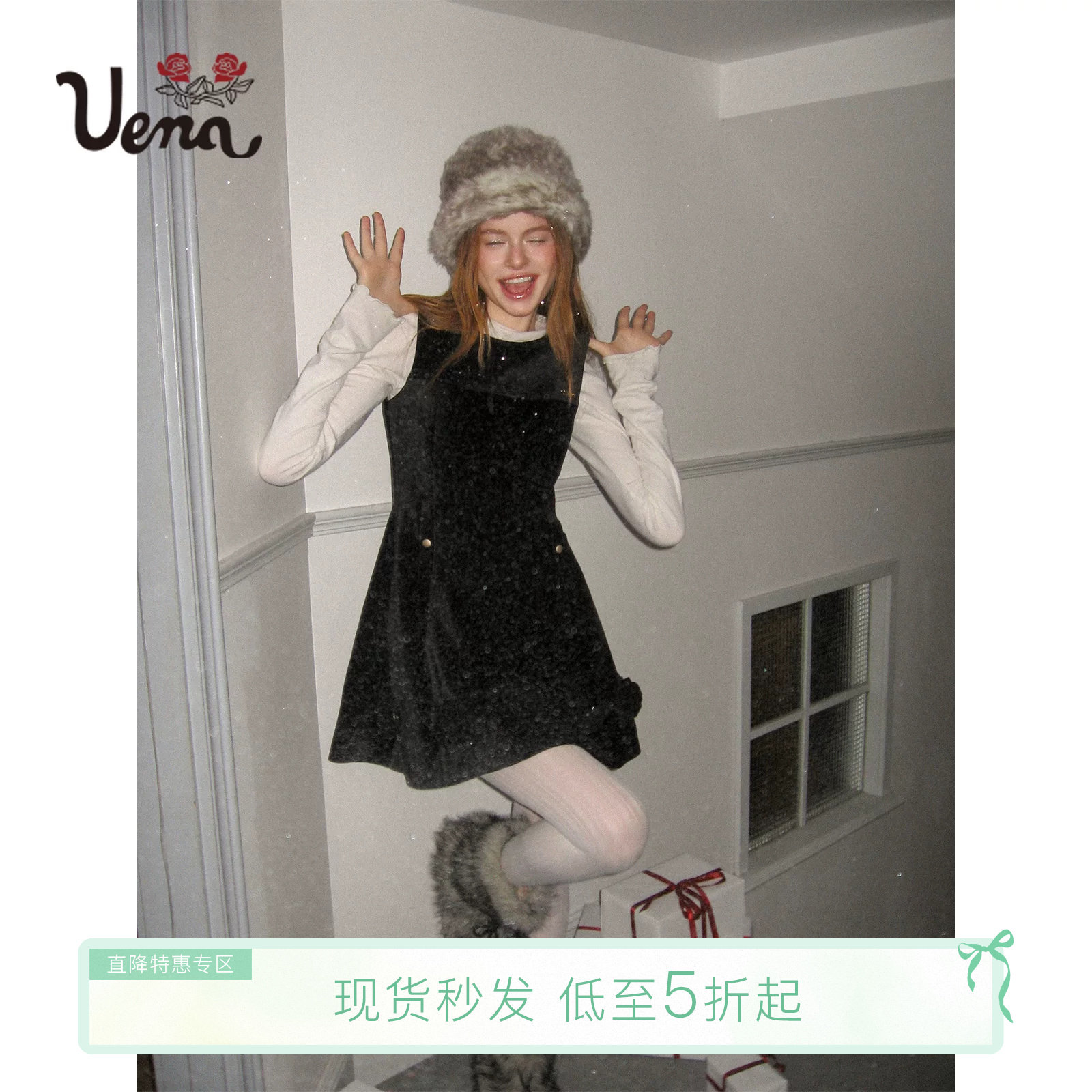 【蔷薇物语】Uena黑色灯芯绒立体玫瑰花圆领修身无袖背心连衣裙女