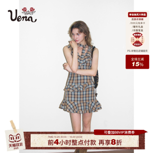 A字无袖 Uena格纹双层荷叶花边领短款 连衣裙附领带女 巧特方糖