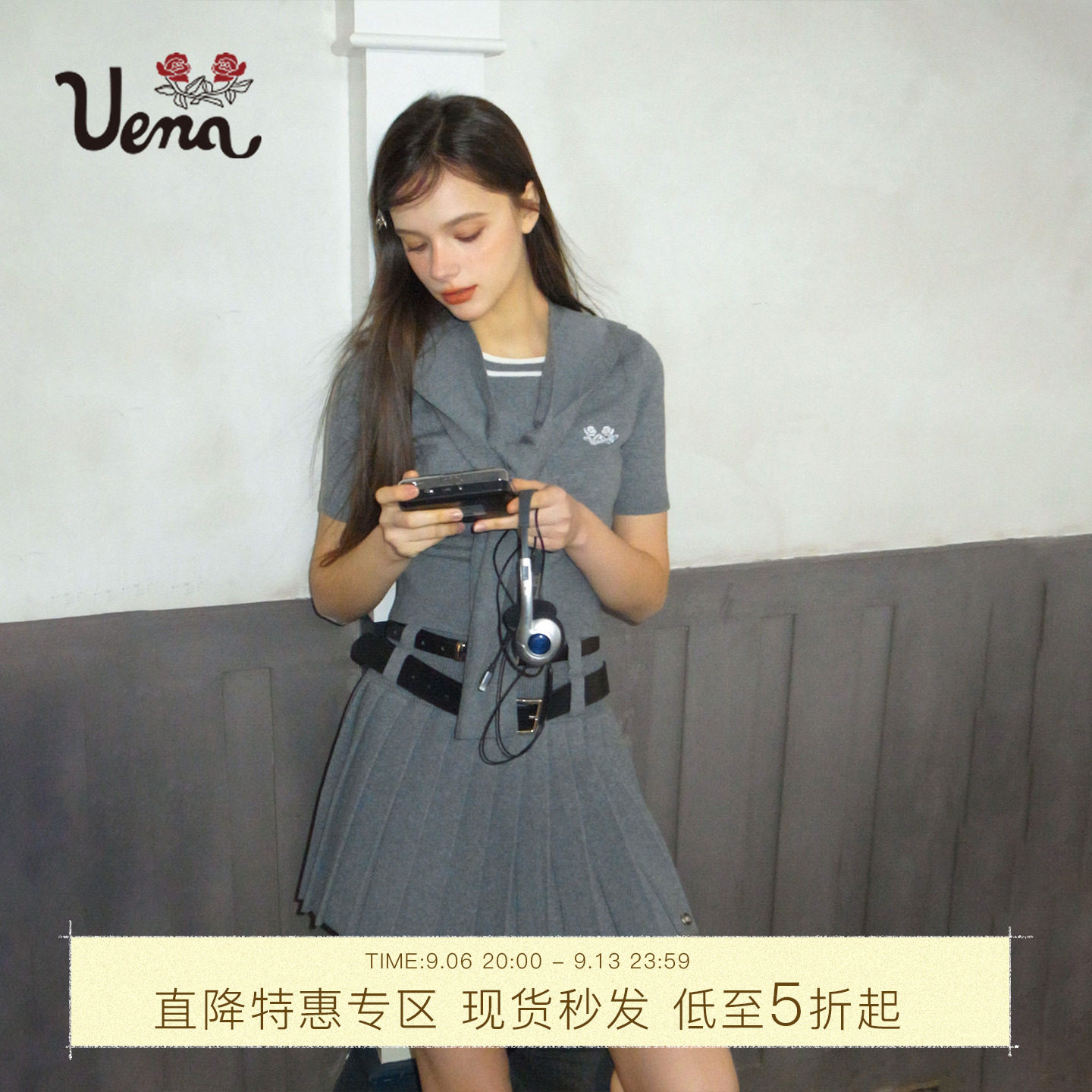 【伊莎贝拉】Uena美式复古羊毛混纺针织短袖带披肩百褶半身裙套装