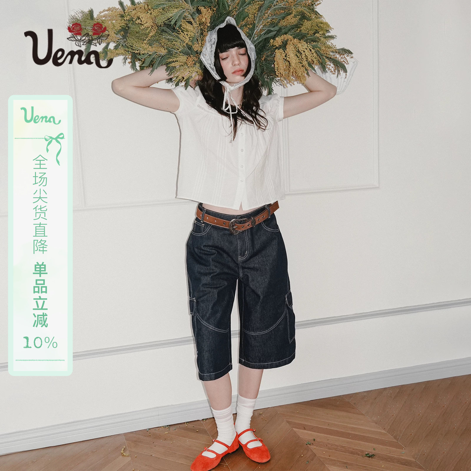 【海岸垂珠】Uena原色明线分割工装风口袋七分裤休闲宽松牛仔短裤