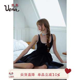 安娜圣歌 Uena黑粉撞色蕾丝花边方领吊带连衣裙针织拼接蓬蓬裙