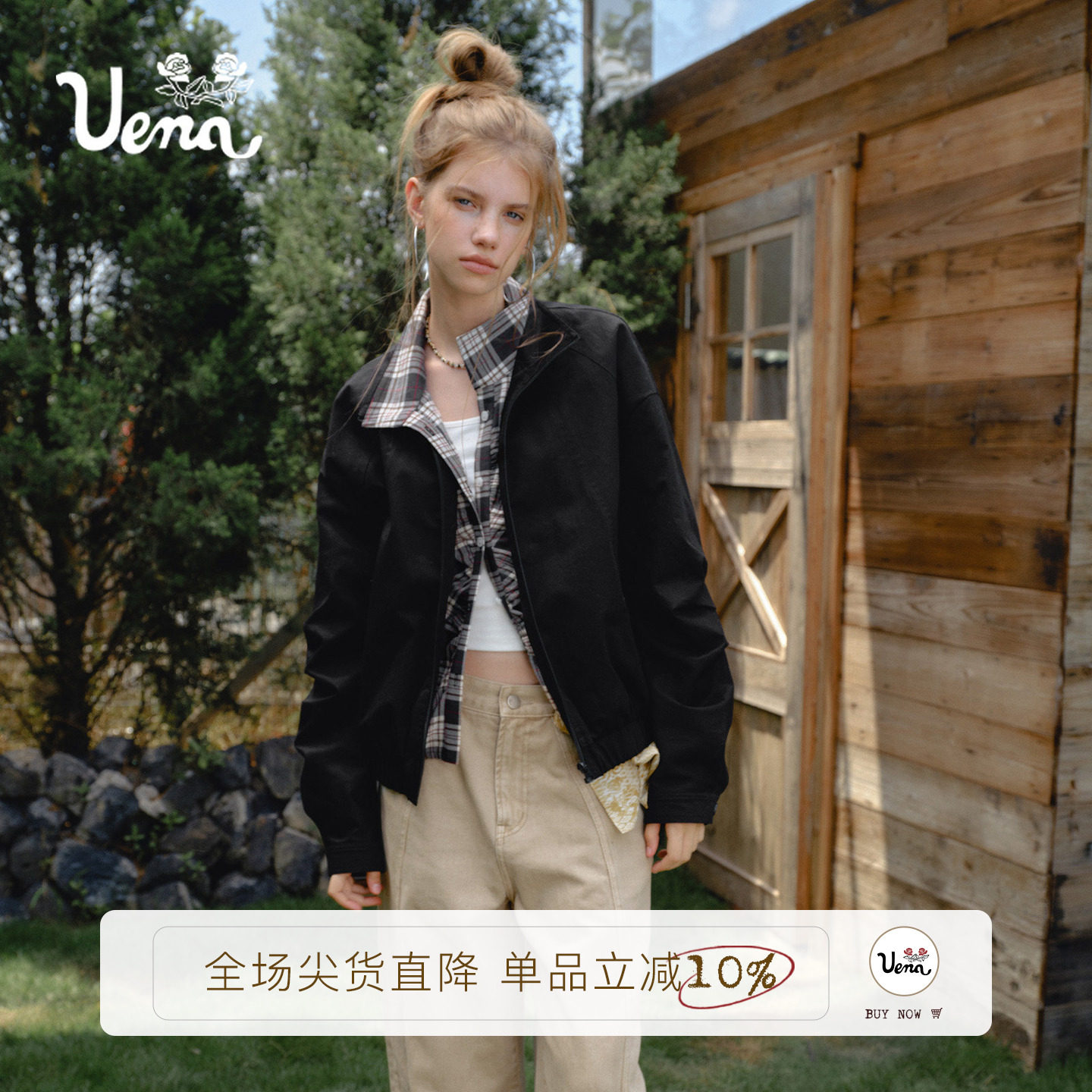Uena黑色假两件宽松立领夹克外套图片