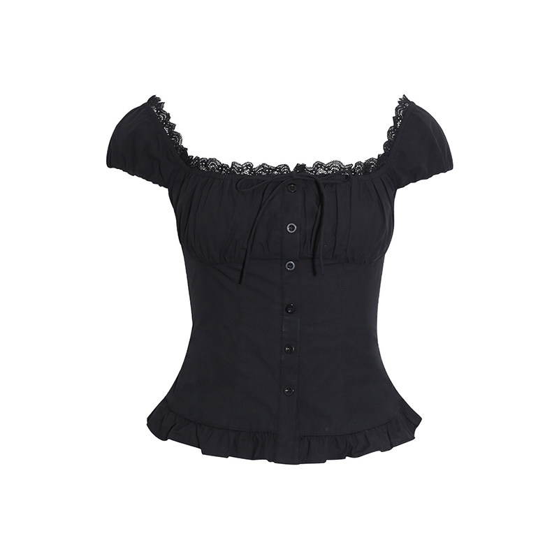 thumbnail for Sweet black square-neck short-sleeve shirt for women, summer puff sleeve, slim fit, waist-cinching blouse, French bourgeois pretty top
