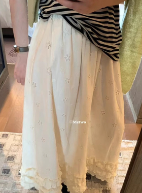 JILANK Hers法式白色钩花复古镂空蕾丝花边半身裙女气质a字长裙子