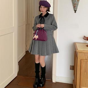 温柔翻领毛呢连衣裙百搭设计感显瘦百褶裙子女 法式 爱西里冬季 新款