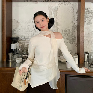 百搭内搭针织衫 爱西里冬季 复古风蝴蝶结飘带设计长袖 法式 上衣 新款