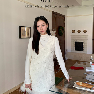 高级氛围感V领毛毛边重工小香风背心连衣裙女 法式 爱西里冬季 新款