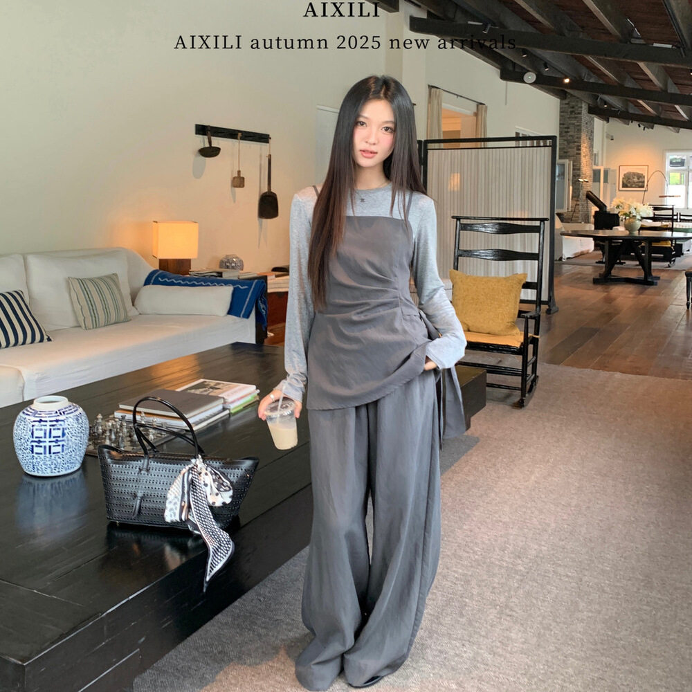 爱西里早秋新款韩版高级感百搭绑带上衣吊带高腰显瘦直筒裤套装女