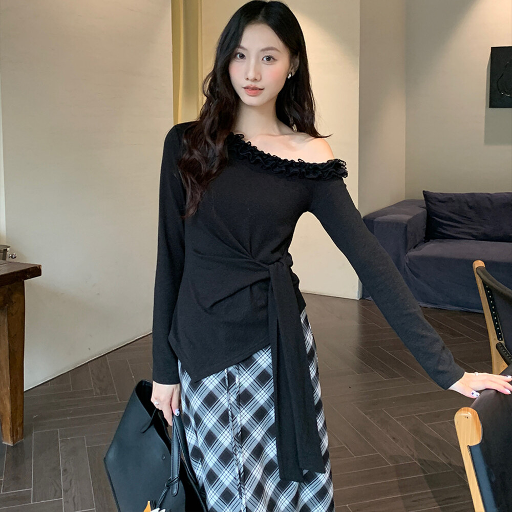 高级感斜肩蕾丝花边上衣小衫T恤
