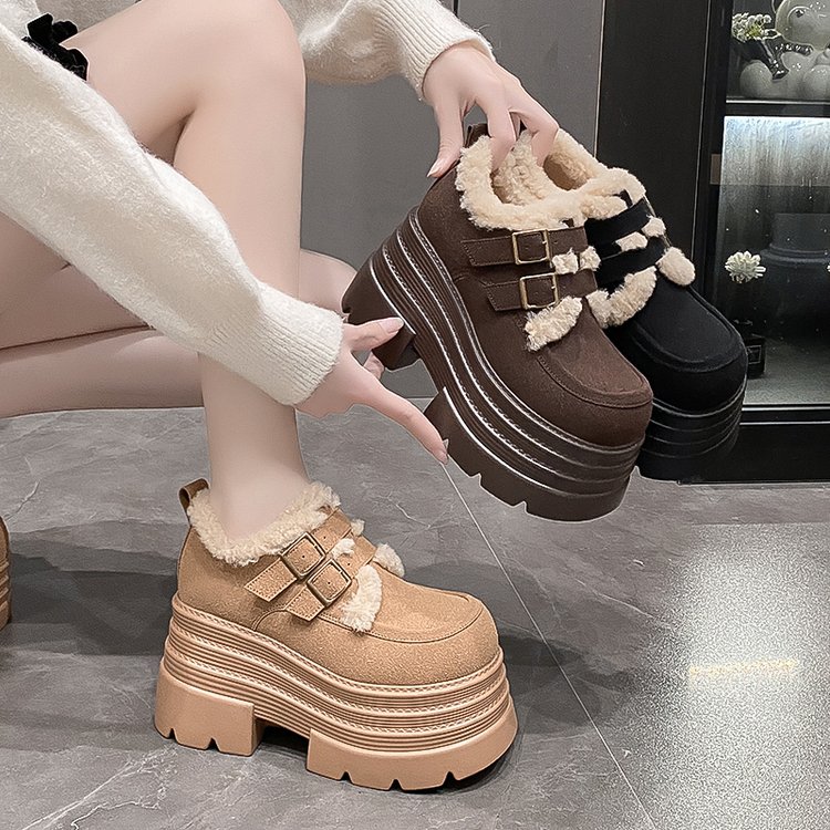 2025秋季新款深口单鞋平底圆头深口人造短毛绒超高跟(大于8cm)