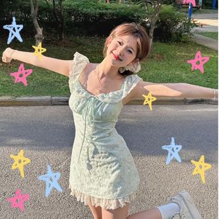 收腰蓬蓬吊带碎花连衣裙女夏季 甜美薄荷绿小飞袖 收腰刺绣a字短裙