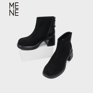 MENE（女鞋）羊反绒短靴女薄绒款2025冬季粗跟切尔西靴黑色烟筒靴