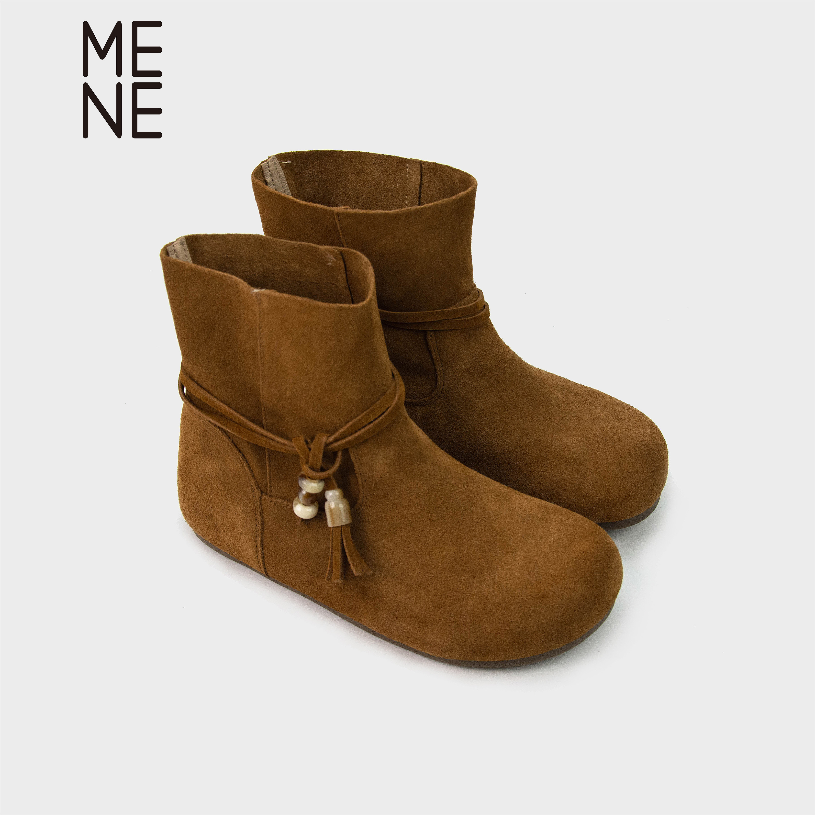 MENE（女鞋）女鞋短靴女2025新款圆头气质百搭牛反绒皮时装靴