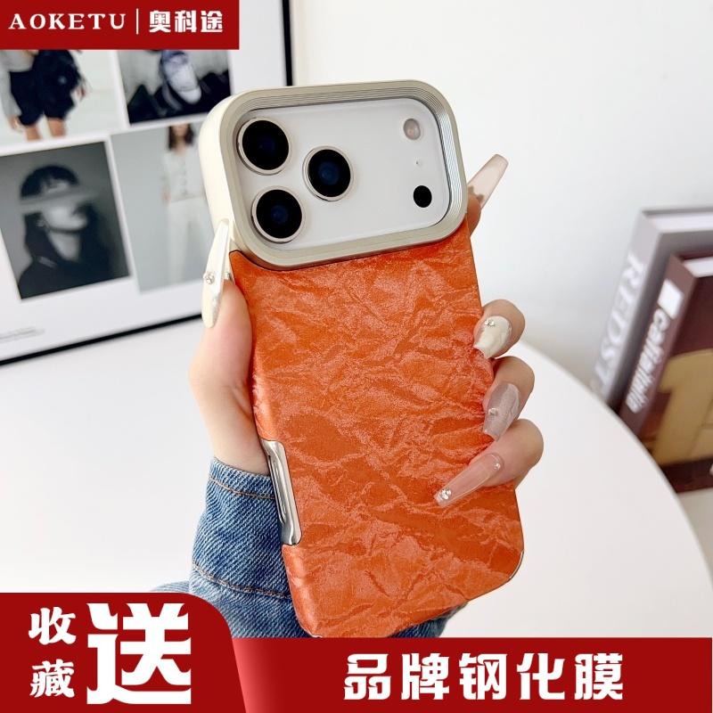 新款电镀雪山丝绒纹适用苹果17promax橙红色Air手机壳16Pro全包17pm女高级14秋冬plus绒皮13男时尚12防摔情侣