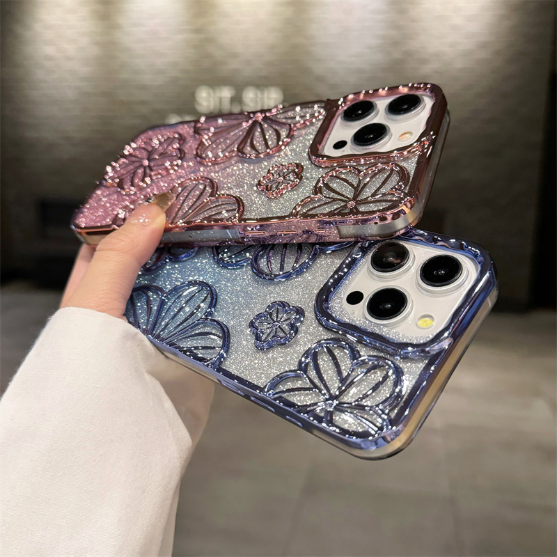 渐变闪粉花花高级感16promax气囊防摔适用苹果15pro手机壳iphone14pro透明13保护套日韩12个性潮女粉i11
