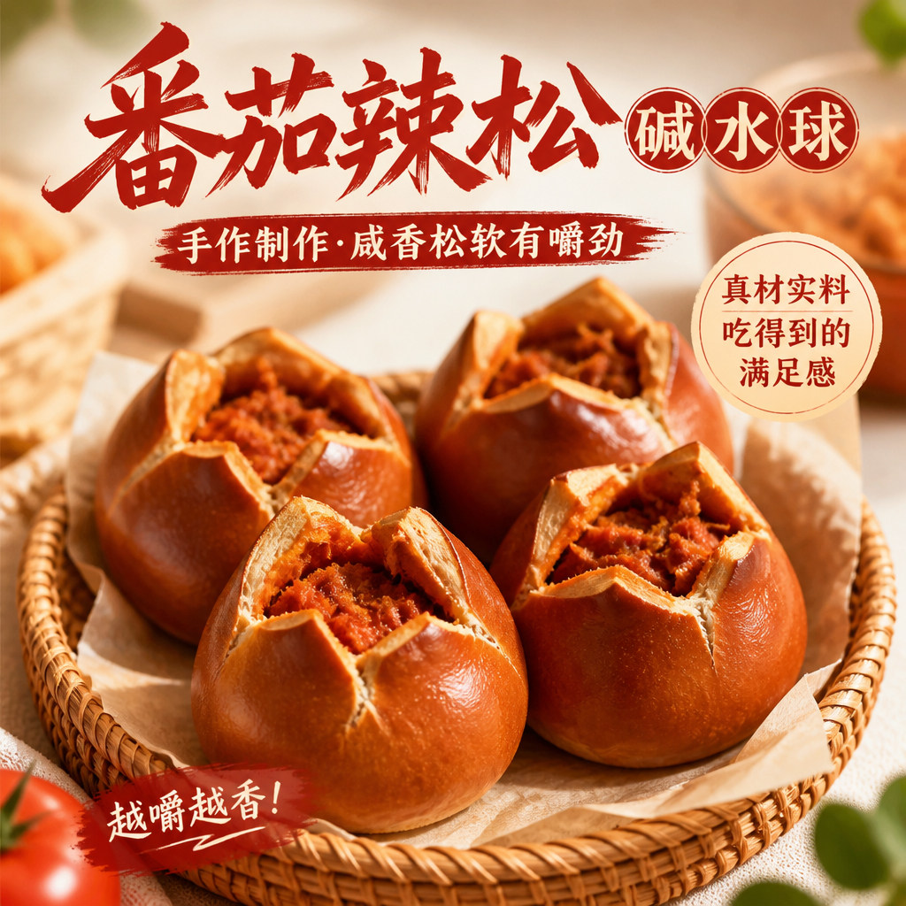 番茄辣肉松碱水面包早餐无蔗糖