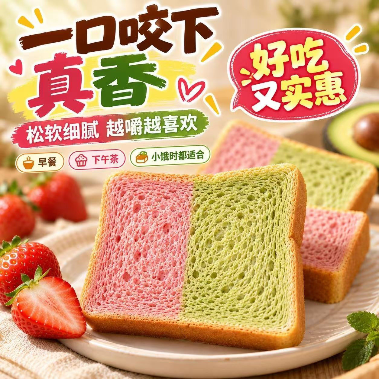 巨巨巨好吃山药厚切双色吐司牛油果草莓面包营养早餐食品健康零食