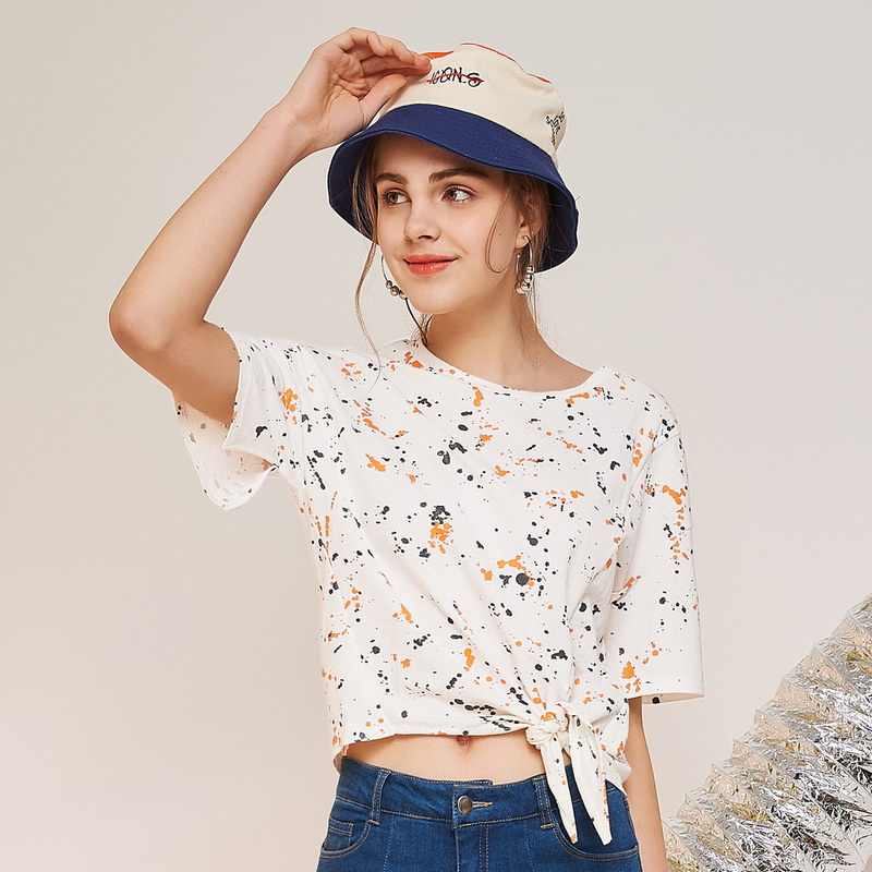 艾格2023夏季新款圆领上衣圆点不规则系带宽松休闲日常短袖T恤女