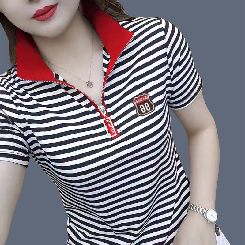 特价版淘宝断码品牌女装限时秒杀polo衫条纹短袖t恤女装新款立领半拉链时尚翻领撞色休闲百搭上衣