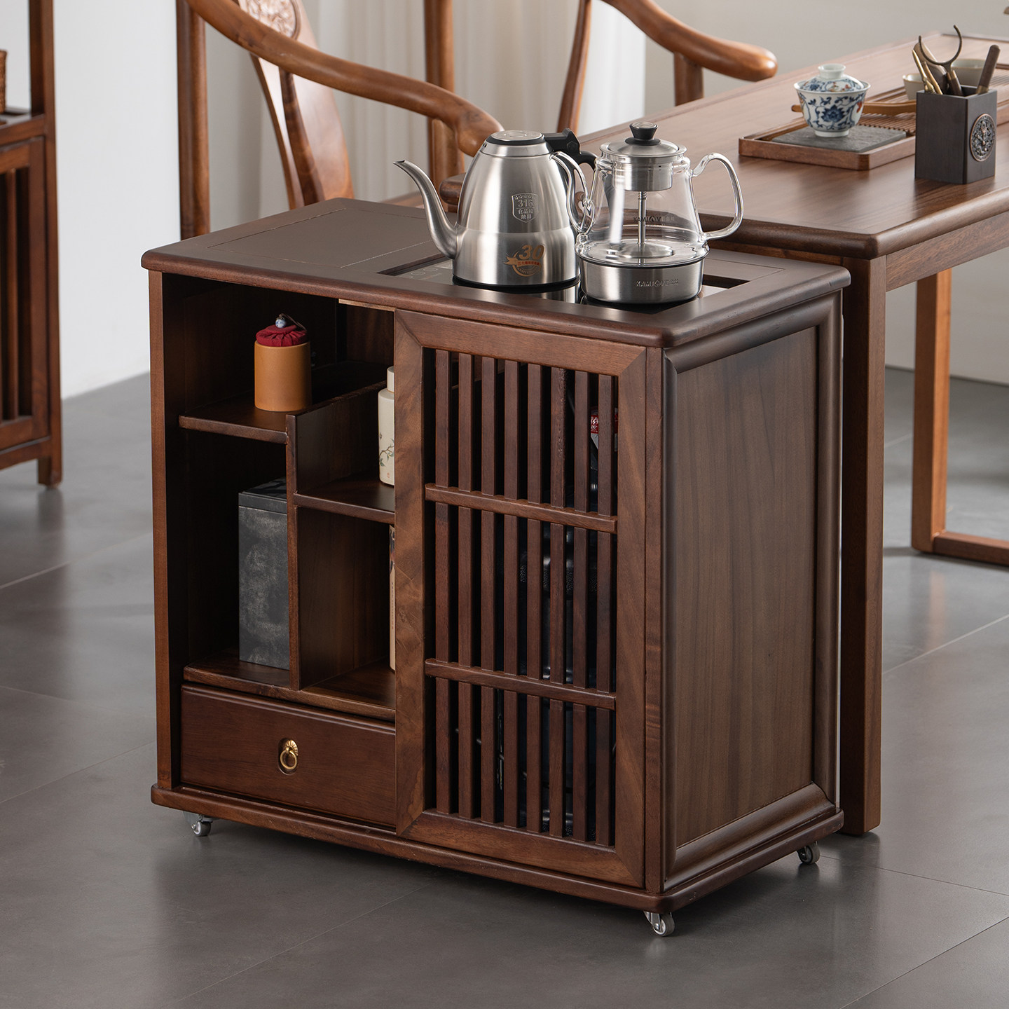 胡桃木加深颜色茶水柜新中式实木烧水壶一体烧水茶台茶桌侧边柜子,住宅家具,茶几,淘宝优惠券,粉丝福利购,淘宝优惠卷